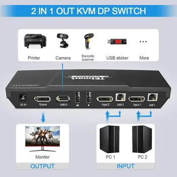 DisplayPort KVM Prepínače USB Ultra HD 2x1 s 2 Ks 5 ft Káble pre Ovládanie AŽ 2 Port Zariadenia