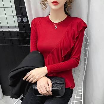 ženy Patria Fashion top žena dlhé tenké black red khaki kolo golier falbala francúzsky malé dlhý rukáv T-shirt Topy tenké 2020