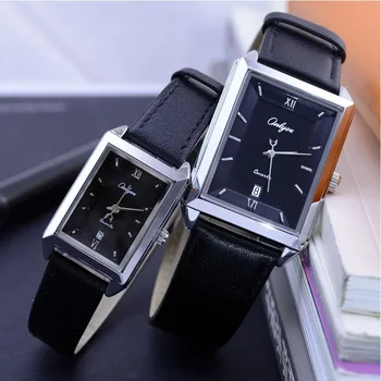 Ultra-tenké kalendár pásu, vodotesné mužov a žien kórejský štýl obdĺžnikový lady quartz pár hodinky s koženým watchbelt
