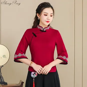 2019 Nové Jar Leto Ľudovom Štýle Ženy Retro Výšivky Cheongsam Top Shirt Čínsky Clothings V1441