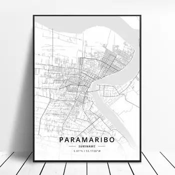 Čierna a Biela Paramaribo Surinam Zemepis. Dĺžka / šírka Plátno Umenia, Mapu, Plagát