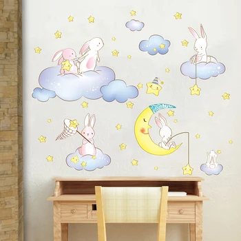 [shijuekongjian] Králiky Zvieratá Samolepky na Stenu DIY Karikatúra, Oblaky, Hviezdy, Mesiac pre Deti Detská Izba Spálňa Detská Dom Dekorácie
