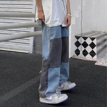 Nové Jeseň Jar Harajuku Jeans pánske Rovné Nohavice Vintage Patchworked Širokú Nohu, Nohavice Voľné Punk Nohavice Iny Streetwear