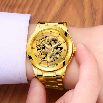 Zlaté Hodinky Mužov Náramkové hodinky z Ocele Nepremokavé Business Quartz Dragon Sledovať Non-automatický Dátum Muž Sledovať Reloj Hombre pánske Hodinky