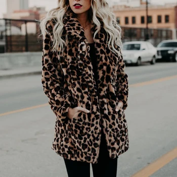 Módne Zimné Kabát Ženy kabát Luxusné Ženy Dlhý Rukáv Klope Golier Leopard Tlač Vlnené Hrubé Teplé Midi Kabát Plus Veľkosť 3XL