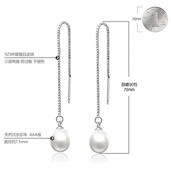 Sinya 925 Sterling silver visieť drop náušnice s 7.5 mm AAAA triedy sladkovodné perly dlhým reťazcom šperky strapec náušnice pre ženy