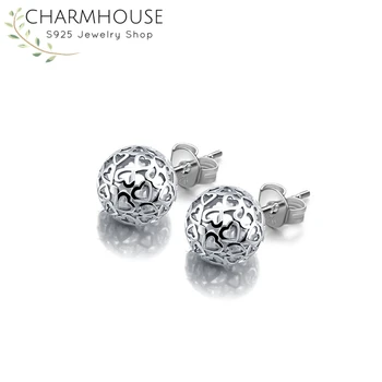 Charmhouse 925 Silver Stud Náušnice pre Ženy Kórea Štýl Duté Loptu Earing Svadobné Svadobné Šperky Brincos Najlepší Priateľ Dary