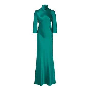 Klasická Elegantná Zelená Saténové Šaty Žien Zimné Turtleneck Vysoký Pás Slim Fit Dlhé Šaty Vestidos 2020 Fashion Party Šaty