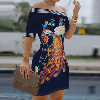 Ženy Elegantné Páva Vytlačiť Rameno Šaty 2020 Sexy Lomka Krku Krátky Rukáv Party Šaty Office Lady Plus Veľkosť Mini Šaty