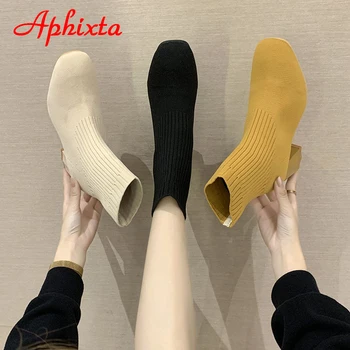 Aphixta Stretch Tkaniny, Ponožky, Topánky Pre Ženy Topánky 5,5 cm Štvorcových Päty Žltá Pletenie topánky Elastické Cottton Topánky Lady Obuv