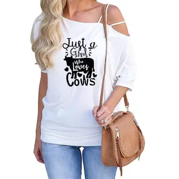 Móda Len Dievča, Ktoré Miluje Kravy Listov Tlač Šikmé Rameno Sleeve T-Shirt Pre Ženy, Ženy, Plus Veľkosť T-Shirt Punk Lete