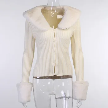 Hugcitar 2020 Dlhý Rukáv V Krku Kožušiny Rebrovaný Elastický Breasted Cardigan Top Jeseň Zima Ženy Móda Streetwear Oblečenie