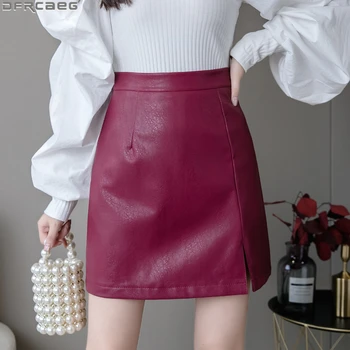 Nové 2020 Jeseň Zima PU Kožené Sukne Ženy Vintage Štrbinou Femme Jupes Červená Čierna Fialová Sukne Vysoký Pás Bodycon Mini Sukne