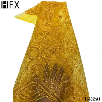 HFX 2021 módny štýl zlatá farba, vyšívané čipky textílie francúzsky korálkové afriky čistý čipky textílie pre strany svadobné šaty H4350