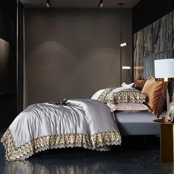 Luxusné Elegantné Čipky posteľná bielizeň nastaviť kráľovná King size 4/6Pcs Čipky Perinu Posteľ List obliečky na Vankúše Sateen Hodvábne posteľná bielizeň z Egyptskej Bavlny