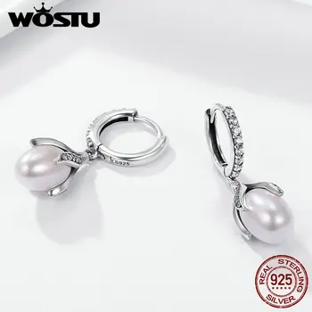 WOSTU Autentické 925 Sterling Silver Kvitne Kvet Petal Sladkovodné Perly Drop Náušnice pre Ženy, Luxusné Strieborné Šperky DXE259