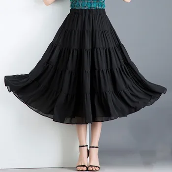 2020 Bohemia Dlhé Sukne Ženy Úsek Vysoký Pás Pevné Šifón A-Line Sukne Bežné Skladaný Maxi Sukne Faldas Saias Streetwear