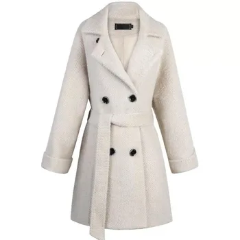 Ženy Vlny Kabát 2020 Teplé Zimné Zahustiť Outwear Žena Kórejský Belted Zmesi Bunda Módne Polovice Dĺžky Riadku Office Coats