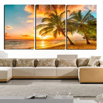 Maliarske plátno Obývacia Izba Dekor 3 Kusy Sunset Beach Vlna Kokosové Palmy Seascape Plagát na Stenu Umenie HD Výtlačkov Obrázkov Rámec