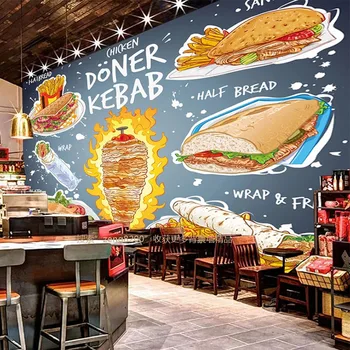 Vlastné Samolepiace Tapety 3D Fast Food Obchod, Reštaurácia nástenná maľba Ručne Maľované Hamburger 3D Vodotesné Stenu Papiere, Samolepky na Stenu
