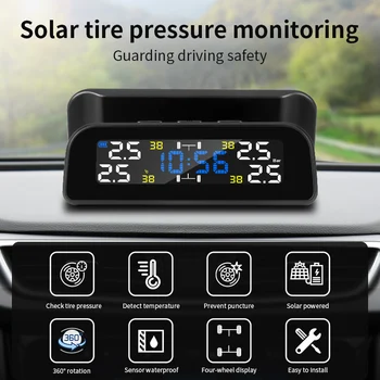 360 stupňové otáčanie solárne nabíjanie TPMS bezdrôtovej automobilovej pneumatiky tlak a teplota, alarm systém monitoringu zobrazenie času senzor