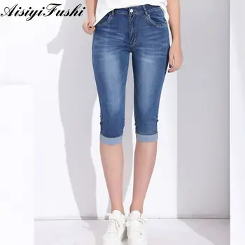 Dámske Nohavice Vysoký Pás Džínsy Plus Veľkosť Feminino Nohavice Capri Legíny Ženy Plus Veľkosť Capris Jeans Denim Stretch Koleno Dĺžke