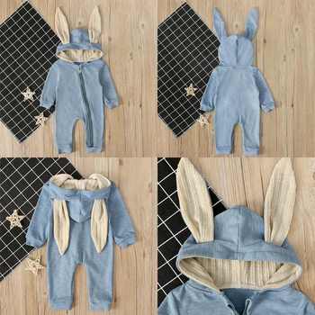 2020 Jeseň Zimné Detské Oblečenie Novorodenca Chlapci Dievčatá Bunny Uši Romper Dlhý Rukáv Šaty Králik Celkovo Zip Teplé Jumpsuit
