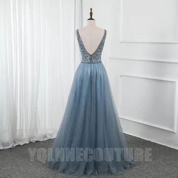 YQLNNE Modrá Tylu Dlhé Šaty Ples 2020 Hlboko V Krku Lištovanie Formálne Šaty Backless Aline Party Šaty