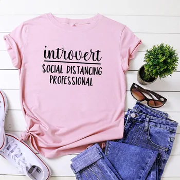 Introvert Sociálne Dištancovanie T Košele Ženy Bavlna Krátky Rukáv O-neck Tee Tričko Femme Bežné Tričko Ženy Voľné Camiseta Mujer
