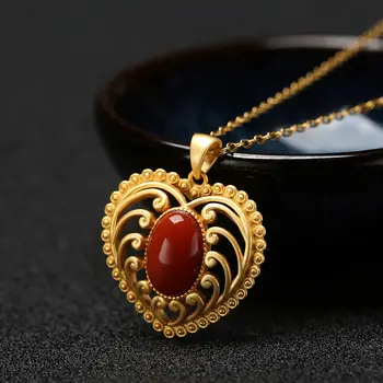 Nový silver vykladané duté v tvare srdca prívesok náhrdelník Čínskom štýle retro jedinečné antické zlato plavidlá ženy značky šperky