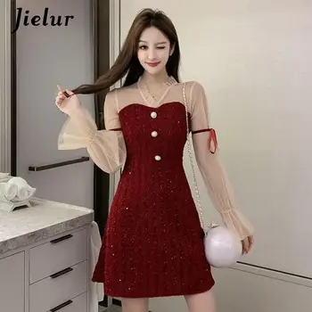 Jielur Oka, Šitie Šaty Black Red Ženy kórejský Midi V-neck Fashion Elegantné Temperament šaty-Line Slim Strany Vestidos Mujer