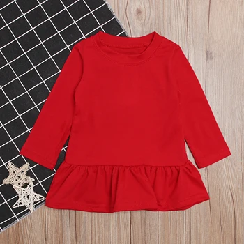 2019 Jar Girls Long Sleeve T-Shirts Cartoon jednofarebné tričko Červené Tee Tričko Bavlna Dievčatá Topy Pre Dieťa Dievčatá Oblečenie