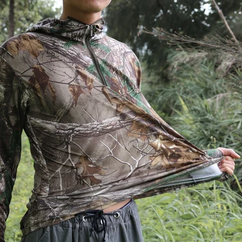 Jar Leto opaľovací Krém Lov Rybolov bunda dlhým rukávom s Kapucňou T-shirt Bionic Camo Priedušná Cool Vojenské Taktické oblečenie