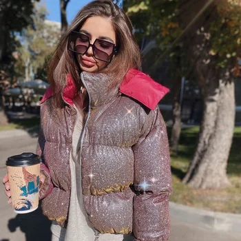 2020 módna zimná vetrovka krátke bublina kabát bavlna ružová bunda kórejskej Ženy Vetrovka s kapucňou Dole bundu femme bublina bunda kabát