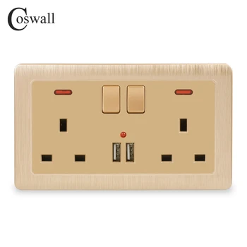 Coswall Sieťovej napájacej Zásuvky Dvojité UK Štandard Výstup Zapnutý 2.1 Dual USB Nabíjací Port LED indikátor 146mm*86mm Zlatá Farba
