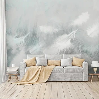 Foto Tapety Nordic Jednoduché, Krásne Modré Akvarel Tapety 3D Biele Pierko nástenná maľba Obývacia Izba TV Spálňa Abstraktných De Parede