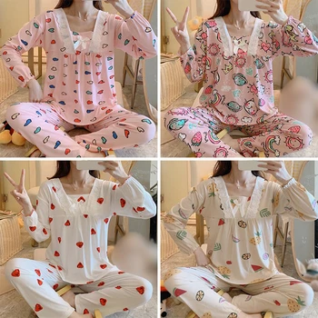 Ženy Pyžamo Súpravy na Jeseň Jar Sleepwear Krásne kreslené Pijamas Mujer Dlhý Rukáv Bavlna Sexy Žena Pyžamá