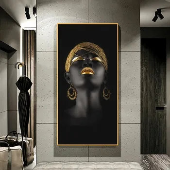 Plátno Obrazov Afrického Umenia, Čierna Žena So Zlatými Headdress Na Stenu Africké Dievča, Plagáty A Tlačí Na Steny Umenie Cuadros