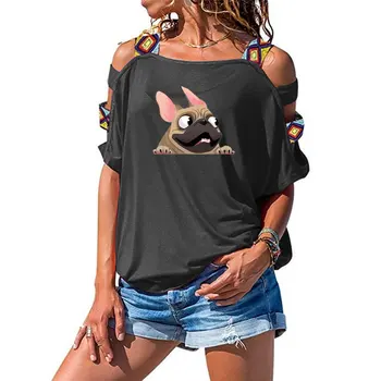 Letné Srna francúzsky Buldog Nálepky Psa Tlačiť T-shirt Módne Ženy Bavlna Krátky Rukáv T Shirt Sexy Duté Z Ramenný Čaj
