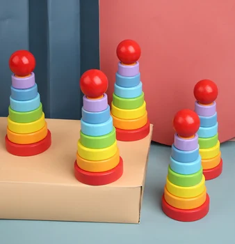 Rainbow Stohovanie Drevené Hračky Dieťa Geometrické Montessori Drevené Bloky Dieťa Vzdelávacie Kognitívne Drevené Puzzle Pre Deti