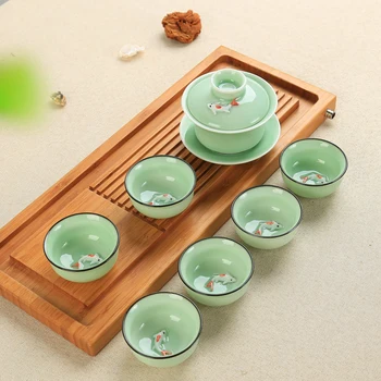 Čínsky Čajový Set Porcelánu Celadon Ryby Teacup Nastaviť Kanvica Drinkware Oolong Čaj Kung Fu Čaj Sada Keramických Tureen (nezahŕňa Zásobník)