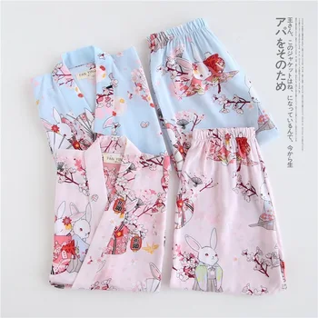 Bavlnené Pyžamo Nastaviť Japonský Cardigan Krátke Kimono Tradičné Pol-rukávy Home Service Roztomilý Yukata Tlač Home Service Oblek