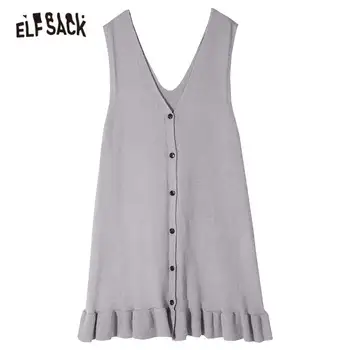 ELFSACK Fialová Pevné jedným Tlačidlom Bežné Šaty Žien 2020 Jeseň ELF Vintage Čierna Čistý Minimalistický kórejský Dámy Denné Šaty
