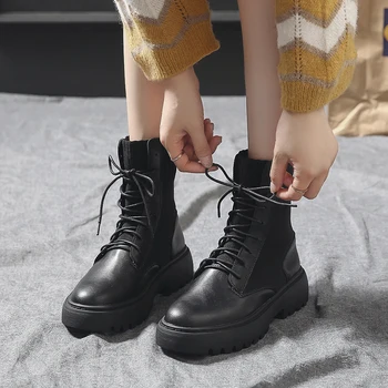 2020 Topánky Ženy Koža Na Predaj Zimné Nepremokavé Black Členok Ponožka Platformy Spadnúť Dámy Topánky Šnurovacie Topánky Žena Kožušiny Nové