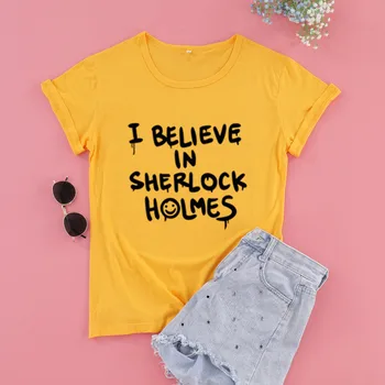 Verím, že v Sherlock Holmes Top tees dámske Krátky rukáv, Bavlna Zábavné List Grafické tlače crewneck Tričko Drop shipping