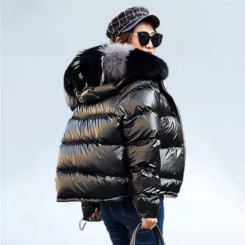 Skutočné kožušinový kabát prírodné fox kožušiny golier 2021 zimná bunda ženy voľné krátke dole kabát biele kačacie nadol bunda hrubé teplé dole vetrovka