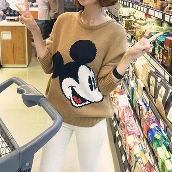 Kawaii Mickey Mouse Ženy Svetre Disney O-krk Dlhý Rukáv Jar Jeseň Topy, Svetre Minnie Mouse Módne Šaty, Svetre