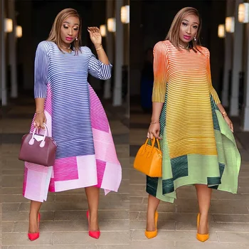 Ženy Pruhy Party Šaty Elegantné Tri Štvrtiny Rukávy Patchwork Irrgular Riadok Módne Lady Streetwear Oblečenie Polovici Teľa 2020