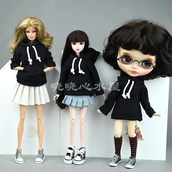 Čierny pulóver kabát a džínsy, sukne, šortky oblečenie pre 1/6 Xinyi Barbie FR2 OB Blythe bábika / 30 cm bábika oblečenie, sveter