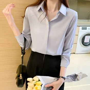 Kórejské Ženy Košele Žena Šifón Blúzky Tričko Elegantné Ženy Dlhý Rukáv Košele Office Lady Pevné Základné Tričko Topy Plus Veľkosť